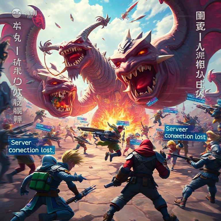 A chaotic scene from Palworld with multiple players and Pals battling large bosses, but with visual glitches and 'server conn