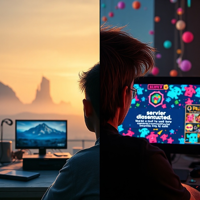 urgent - A split image showing two contrasting scenes: on the left, a lone gamer happily playing Death Stranding on a PC with