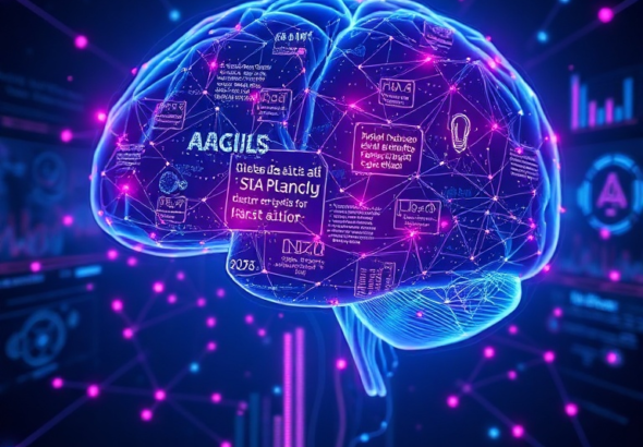 futuristic AI holographic brain glowing with intricate neural pathways and connecting various data types like text, images, and audio, surrounded by a vibrant, data-rich digital interface, symbolizing multimodal AI integration, dark blue and purple tones, highly detailed, cinematic, 8k quality