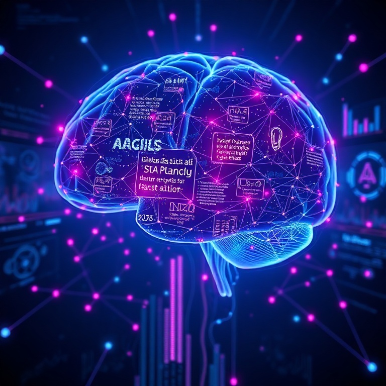 futuristic AI holographic brain glowing with intricate neural pathways and connecting various data types like text, images, and audio, surrounded by a vibrant, data-rich digital interface, symbolizing multimodal AI integration, dark blue and purple tones, highly detailed, cinematic, 8k quality
