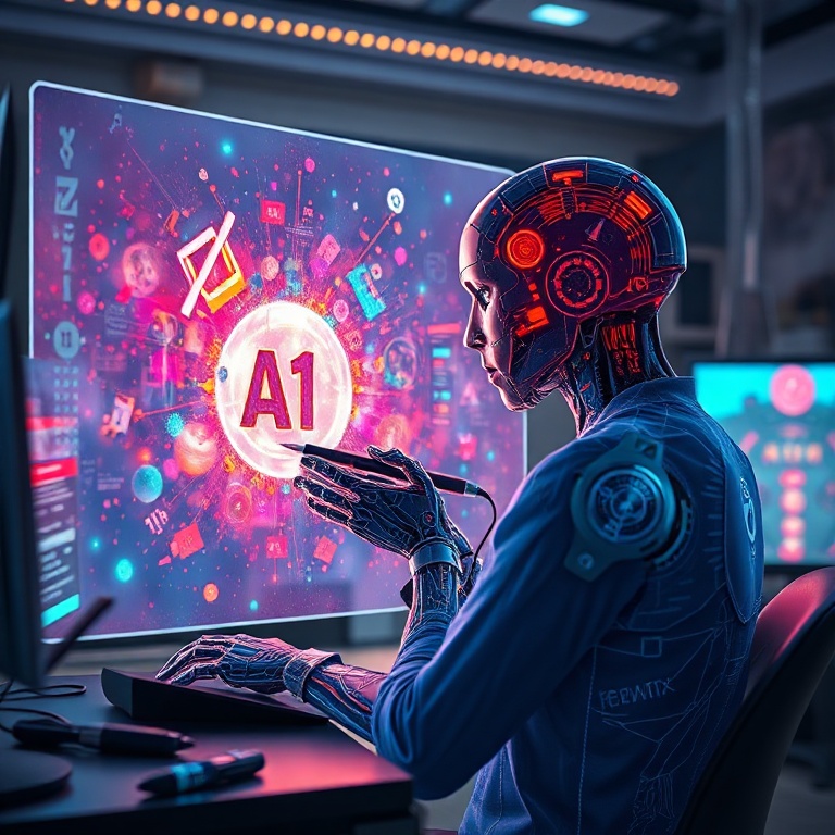 master - a digital artist collaborating with an AI on a futuristic holographic canvas, showing the AI generating vibrant, com