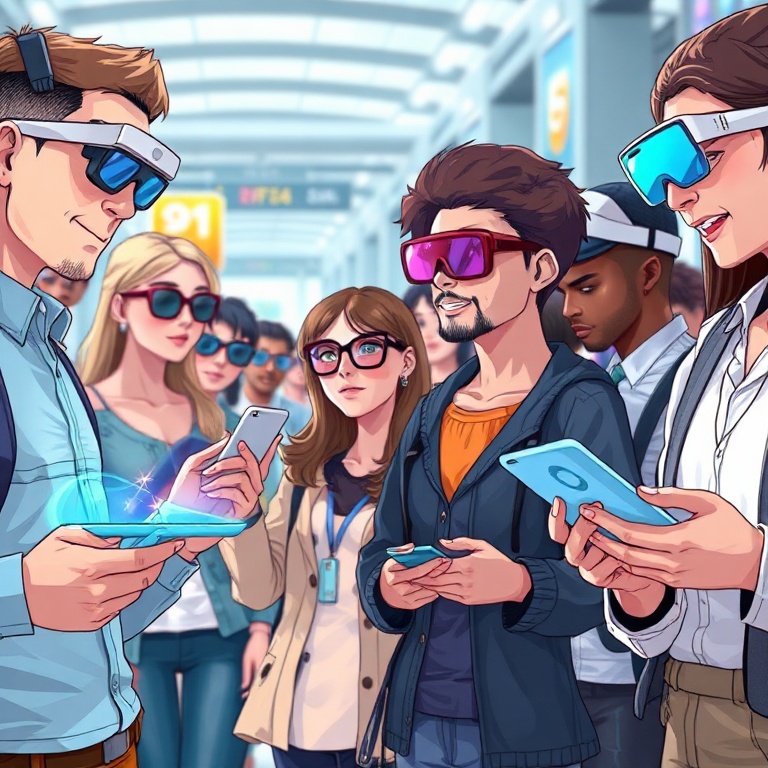 master - diverse group of people interacting effortlessly with various smart devices like holographic displays, voice-activat
