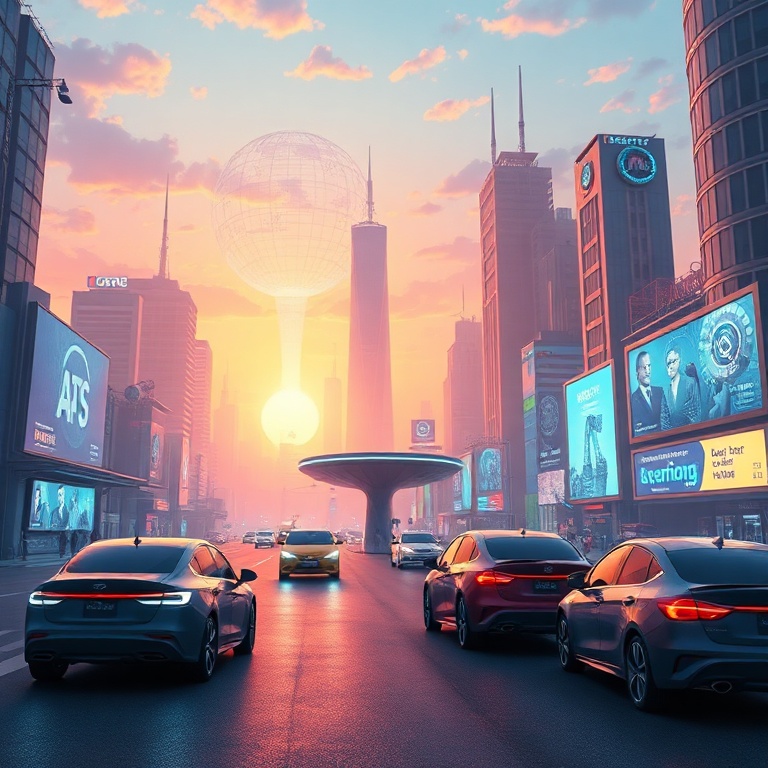 master - a vibrant, futuristic cityscape at dawn, with holographic advertisements and sleek autonomous vehicles, symbolizing