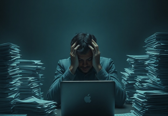 A person sitting alone at a dimly lit desk, head in hands, surrounded by stacks of papers and a single glowing laptop screen, conveying deep stress and guilt, muted cool tones, realistic, cinematic lighting, 8k quality, highly detailed