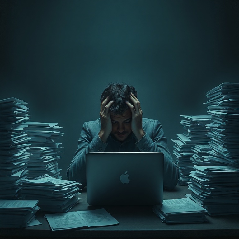 A person sitting alone at a dimly lit desk, head in hands, surrounded by stacks of papers and a single glowing laptop screen, conveying deep stress and guilt, muted cool tones, realistic, cinematic lighting, 8k quality, highly detailed