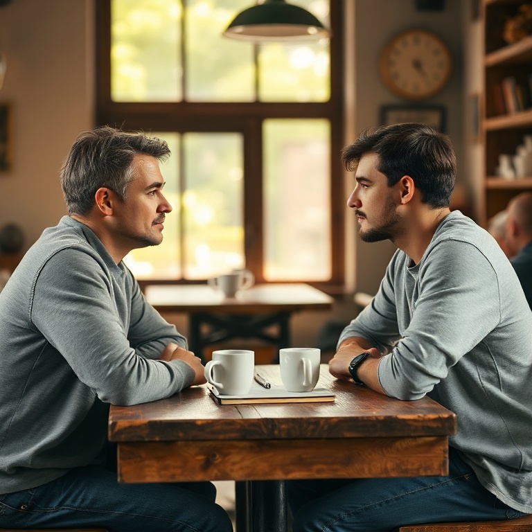 power - Two friends sitting opposite each other at a rustic wooden table in a cozy, sunlit cafe, one friend looking earnestly