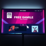 A vibrant and modern Epic Games Store interface on a large monitor, prominently displaying a 'Free Game Now Available' banner with a popular AAA title's artwork, a mouse cursor hovering over the 'Get' button, glowing neon accents, soft ambient light, cinematic atmosphere, ultra realistic, highly detailed, 8k quality, photorealistic