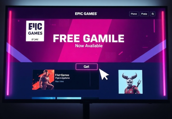 A vibrant and modern Epic Games Store interface on a large monitor, prominently displaying a 'Free Game Now Available' banner with a popular AAA title's artwork, a mouse cursor hovering over the 'Get' button, glowing neon accents, soft ambient light, cinematic atmosphere, ultra realistic, highly detailed, 8k quality, photorealistic