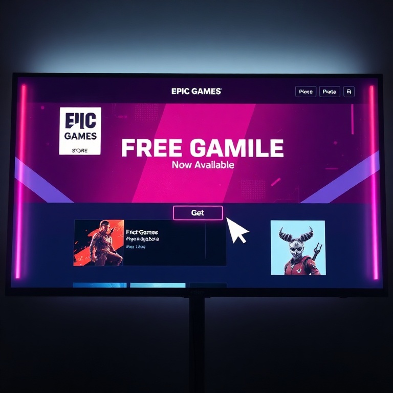 A vibrant and modern Epic Games Store interface on a large monitor, prominently displaying a 'Free Game Now Available' banner with a popular AAA title's artwork, a mouse cursor hovering over the 'Get' button, glowing neon accents, soft ambient light, cinematic atmosphere, ultra realistic, highly detailed, 8k quality, photorealistic