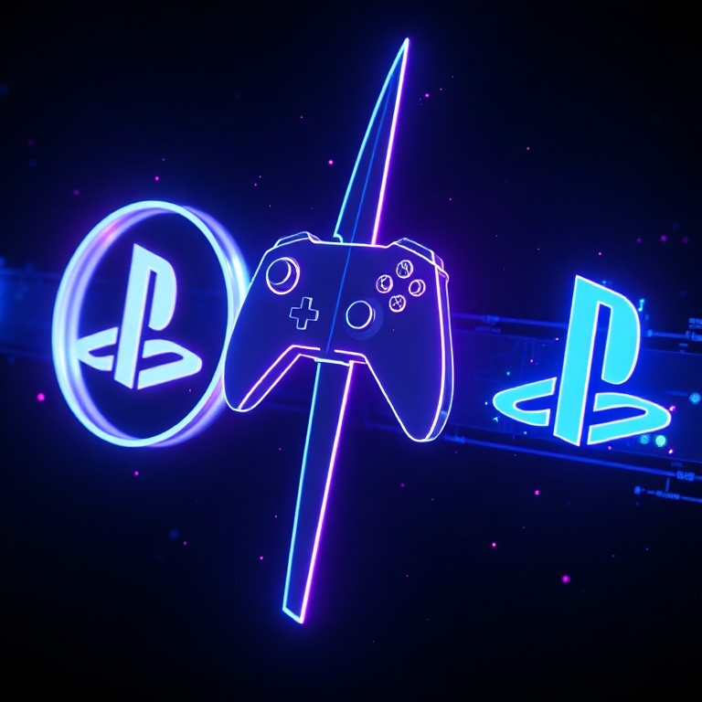 urgent - A futuristic, abstract representation of several major gaming company logos (e.g., stylized controller, pixelated sw