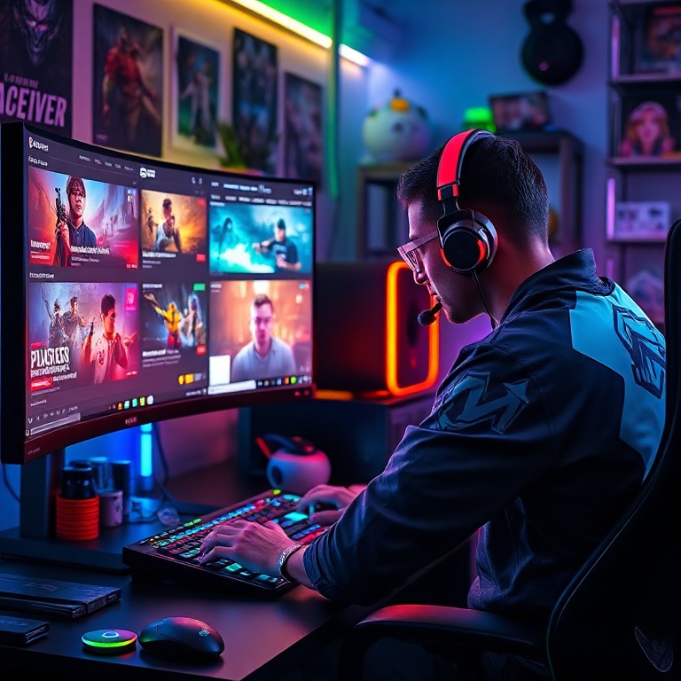 urgent - A vibrant, modern gamer's setup featuring a high-end PC with multiple monitors displaying gaming news websites, a st
