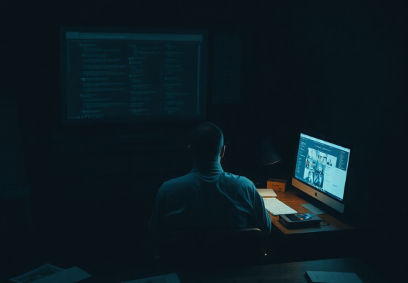 A solitary figure sits at a desk in a dimly lit room, illuminated only by the glow of a computer screen displaying complex search results and profiles. The atmosphere is tense and focused, with scattered notes and old photographs on the desk, conveying a sense of determined investigation and a touch of melancholy. The color palette is cool and muted, emphasizing the secretive nature of the task. Cinematic, detailed, realistic, 8k quality, low-key lighting.