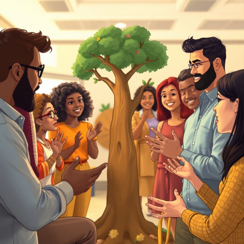 aita - A diverse group of people from different backgrounds and ages engaged in a lively, empathetic discussion around a meta