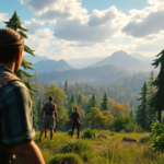 A vibrant, ultra-realistic screenshot of a high-fidelity AAA video game, showcasing detailed character models in a fantastical open-world environment with lush forests and distant mountains, dynamic lighting, cinematic atmosphere, 8k quality, photorealistic, representing a free game on the Epic Games Store