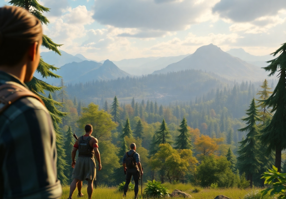 A vibrant, ultra-realistic screenshot of a high-fidelity AAA video game, showcasing detailed character models in a fantastical open-world environment with lush forests and distant mountains, dynamic lighting, cinematic atmosphere, 8k quality, photorealistic, representing a free game on the Epic Games Store