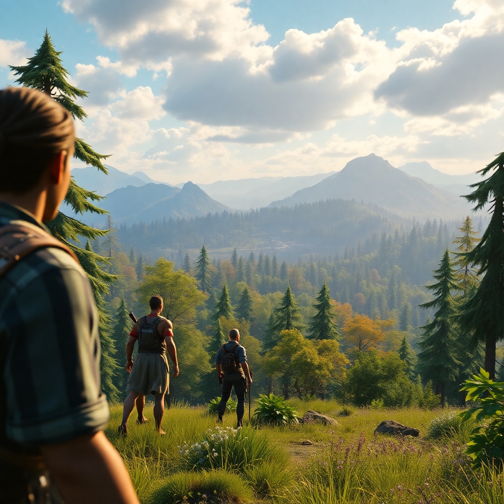A vibrant, ultra-realistic screenshot of a high-fidelity AAA video game, showcasing detailed character models in a fantastical open-world environment with lush forests and distant mountains, dynamic lighting, cinematic atmosphere, 8k quality, photorealistic, representing a free game on the Epic Games Store