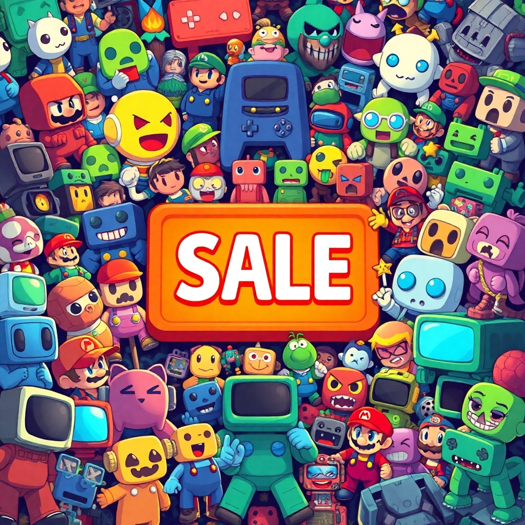 A vivid digital art piece depicting a collection of classic video game characters and pixelated sprites from different retro