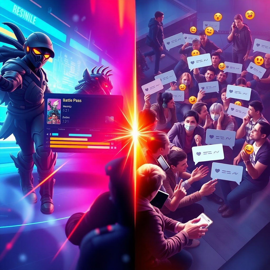 epic - A dynamic split image showing two contrasting scenes: on one side, a futuristic online game interface with new charact