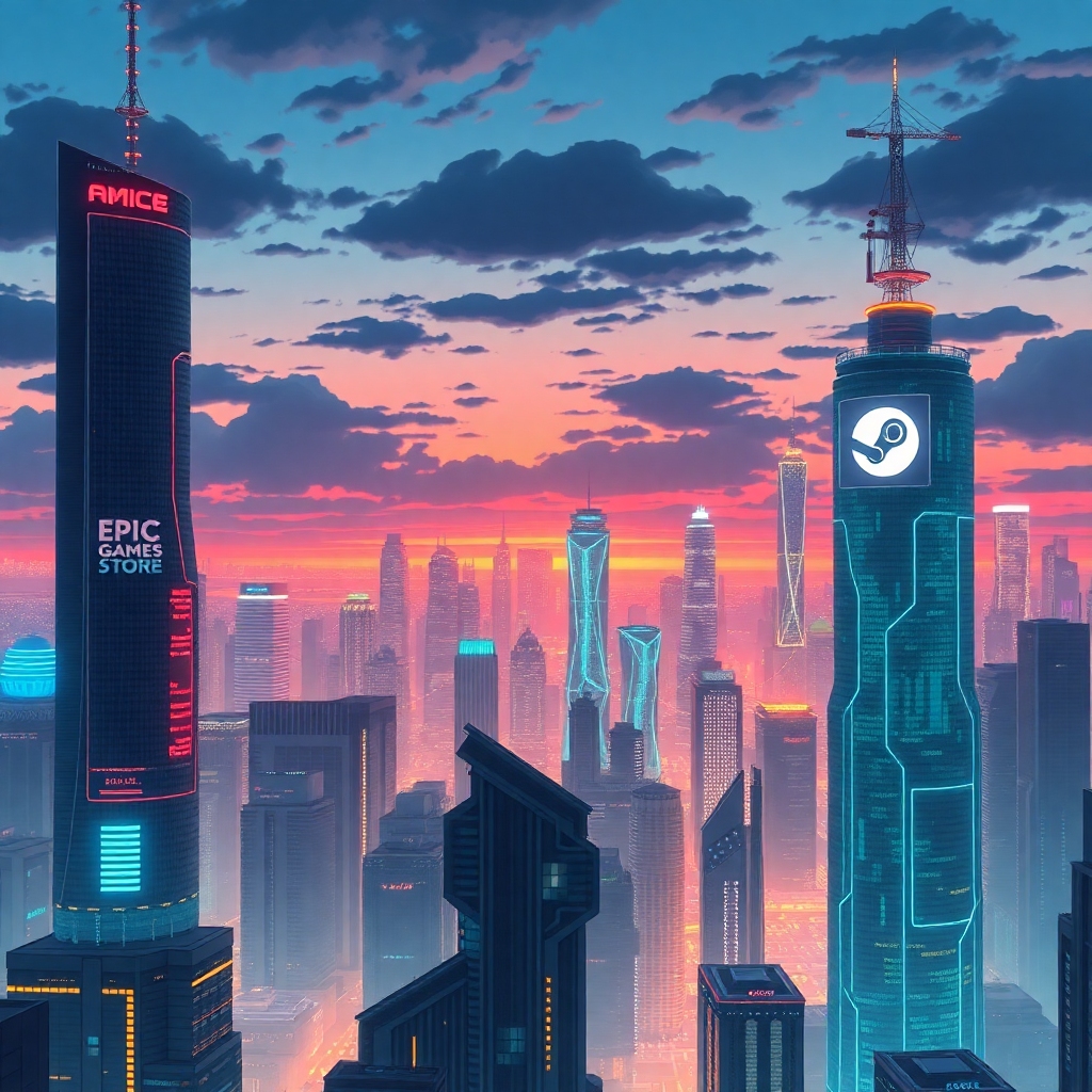 A futuristic, interconnected digital city skyline at dusk, with glowing neon lines representing data flow and various gaming