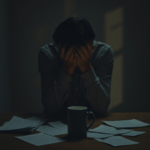 A solitary figure, hunched over a desk in a dimly lit room, hands clasped over their head, face obscured, surrounded by scattered papers and an empty coffee mug, conveying deep regret and overwhelming guilt. The room is sparse, with shadows playing on the walls, emphasizing isolation and inner turmoil, cinematic lighting, realistic, 8k quality, dramatic.