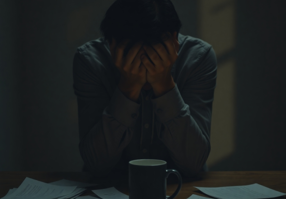 A solitary figure, hunched over a desk in a dimly lit room, hands clasped over their head, face obscured, surrounded by scattered papers and an empty coffee mug, conveying deep regret and overwhelming guilt. The room is sparse, with shadows playing on the walls, emphasizing isolation and inner turmoil, cinematic lighting, realistic, 8k quality, dramatic.