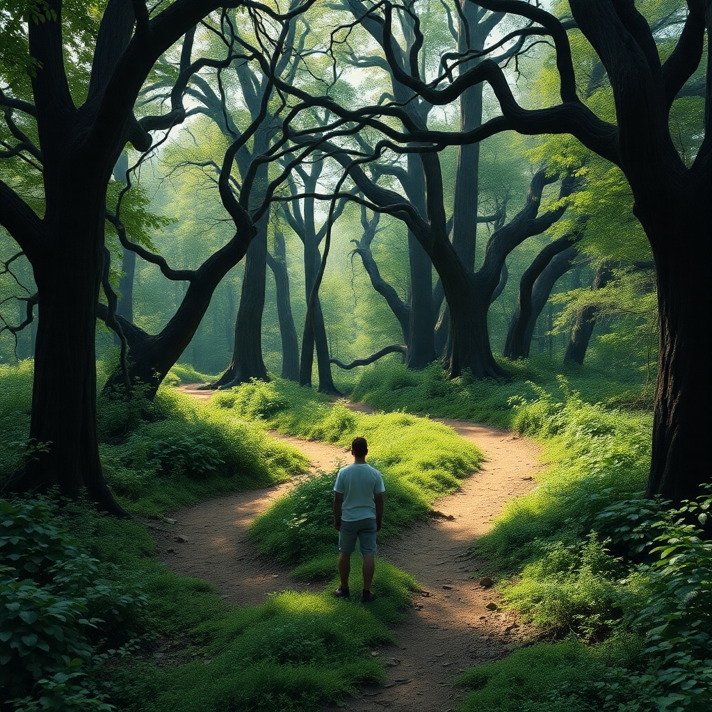confession - A person standing at a fork in a winding, overgrown forest path, looking uncertainly down both diverging routes,
