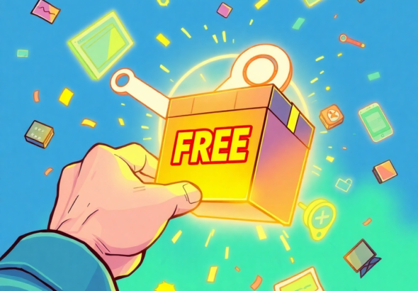 A vibrant, stylized illustration of a gamer's hand reaching out to grab a glowing video game box labeled 'FREE' emerging from a Steam logo, surrounded by digital confetti and other free game icons, bright blue and green color scheme, energetic, ultra realistic, highly detailed, 8k quality, photorealistic. Focus keyword: Urgent Claim Your.