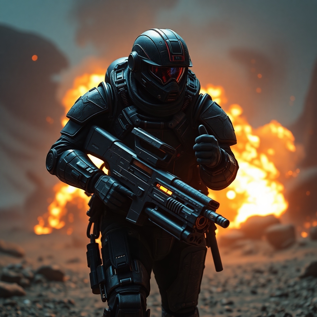 A Helldivers 2 soldier in detailed armor, holding a futuristic weapon, amidst an explosion on an alien planet, with digital p