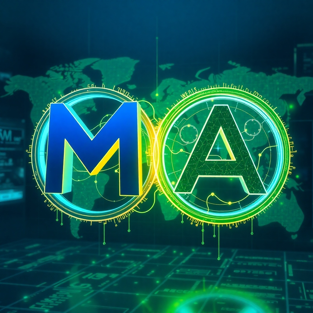 A complex, abstract visualization of two large gaming company logos (e.g., stylized 'M' and 'A') merging together with glowin