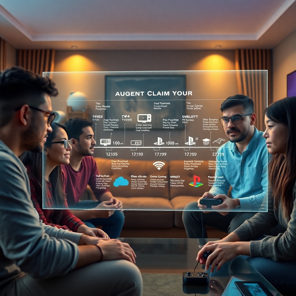 A diverse group of gamers (various ages, genders, ethnicities) looking thoughtfully at a holographic display showing a timeli