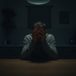 A person sitting alone at a dimly lit kitchen table, head in hands, looking distressed and burdened by a heavy secret. The replica heirloom is faintly visible on a nearby shelf, casting a long shadow. The atmosphere is melancholic and introspective, with muted colors, cinematic lighting, ultra realistic, highly detailed, 8k quality, photorealistic
