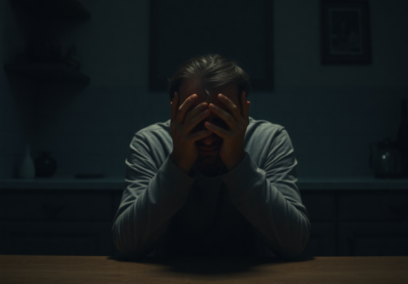 A person sitting alone at a dimly lit kitchen table, head in hands, looking distressed and burdened by a heavy secret. The replica heirloom is faintly visible on a nearby shelf, casting a long shadow. The atmosphere is melancholic and introspective, with muted colors, cinematic lighting, ultra realistic, highly detailed, 8k quality, photorealistic