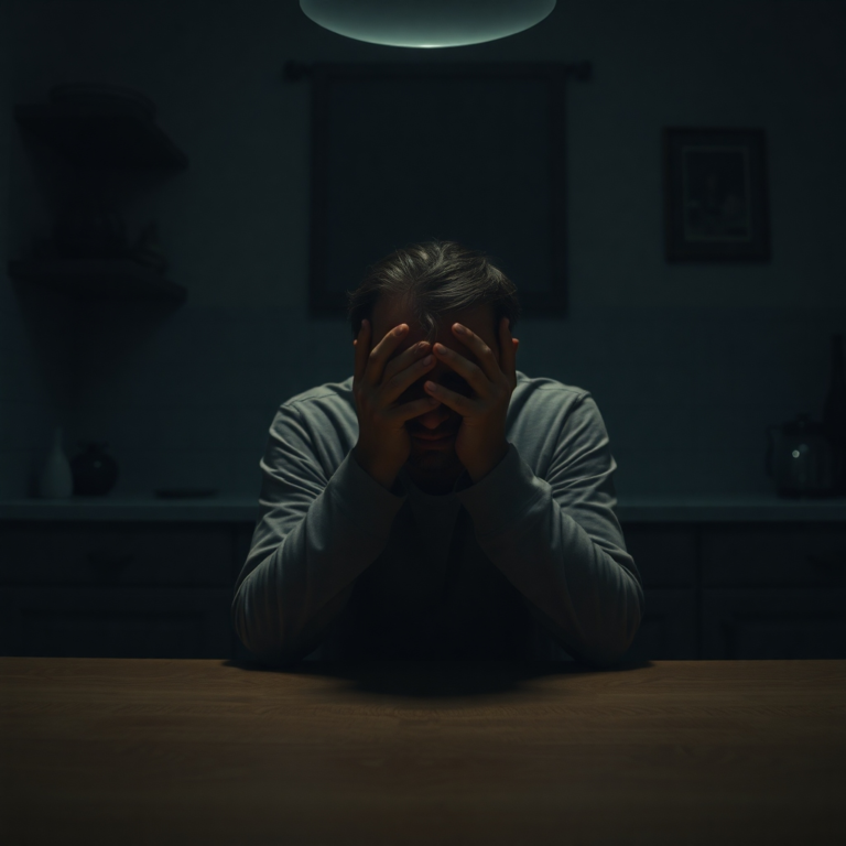 A person sitting alone at a dimly lit kitchen table, head in hands, looking distressed and burdened by a heavy secret. The replica heirloom is faintly visible on a nearby shelf, casting a long shadow. The atmosphere is melancholic and introspective, with muted colors, cinematic lighting, ultra realistic, highly detailed, 8k quality, photorealistic