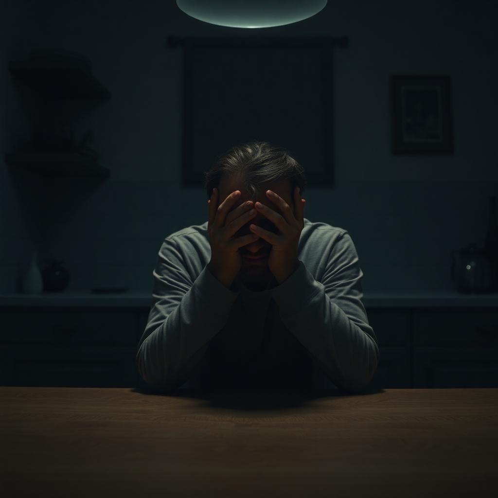 A person sitting alone at a dimly lit kitchen table, head in hands, looking distressed and burdened by a heavy secret. The replica heirloom is faintly visible on a nearby shelf, casting a long shadow. The atmosphere is melancholic and introspective, with muted colors, cinematic lighting, ultra realistic, highly detailed, 8k quality, photorealistic