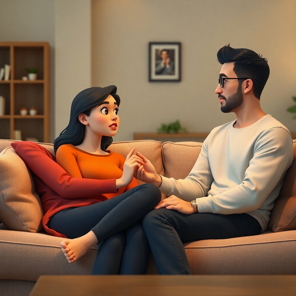 replaced - A couple sitting on a comfortable sofa, facing each other, engaged in a serious but empathetic conversation. One p