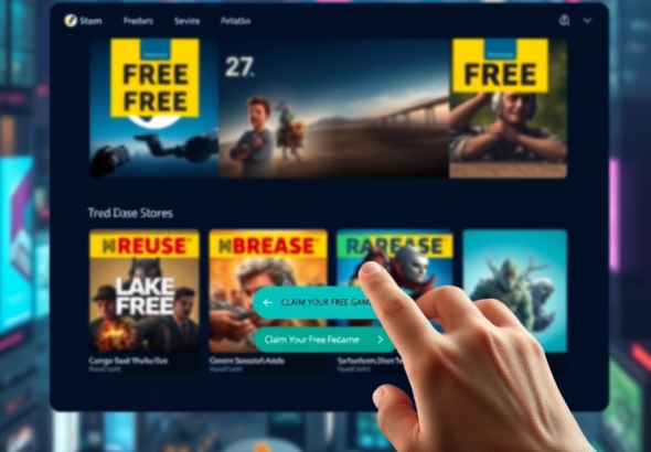 A vibrant and dynamic image of the Steam store interface, showcasing multiple game covers with 'FREE' banners prominently displayed. A hand with a mouse cursor is hovering over a 'Claim Your Free Game' button. The background is a digital cityscape with neon lights, reflecting the excitement of modern gaming. Cinematic lighting, ultra realistic, highly detailed, 8k quality, photorealistic