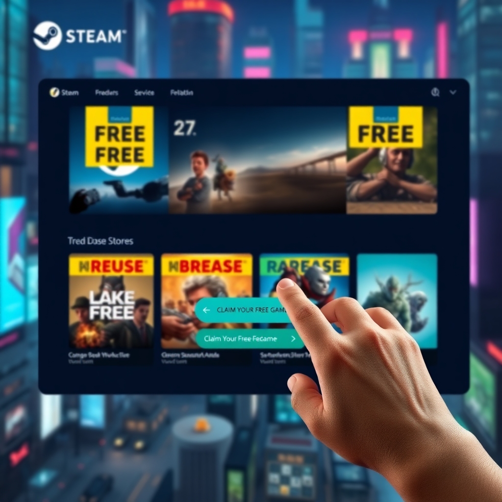 A vibrant and dynamic image of the Steam store interface, showcasing multiple game covers with 'FREE' banners prominently displayed. A hand with a mouse cursor is hovering over a 'Claim Your Free Game' button. The background is a digital cityscape with neon lights, reflecting the excitement of modern gaming. Cinematic lighting, ultra realistic, highly detailed, 8k quality, photorealistic