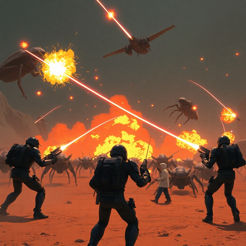 claim - A chaotic and intense scene from Helldivers 2. Four Helldivers in futuristic armor are engaging hordes of giant insec