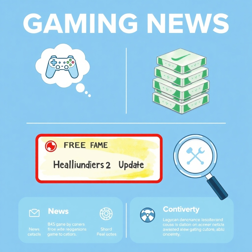 claim - A stylized infographic displaying various gaming news elements: a thought bubble with a controller, a stack of free g