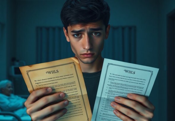 A young adult, looking distressed and conflicted, holding two documents that resemble wills, one old and faded, the other new and crisp. The background shows a dimly lit hospital room with a faint silhouette of an elderly woman in a bed. The mood is tense and somber, with cool blue and grey tones, cinematic lighting, highly detailed, photorealistic, 8k quality.