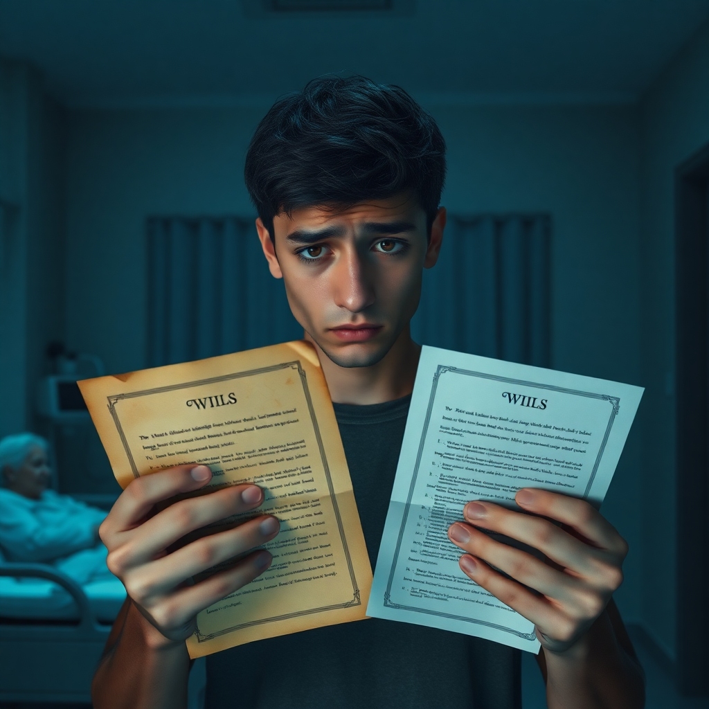 A young adult, looking distressed and conflicted, holding two documents that resemble wills, one old and faded, the other new and crisp. The background shows a dimly lit hospital room with a faint silhouette of an elderly woman in a bed. The mood is tense and somber, with cool blue and grey tones, cinematic lighting, highly detailed, photorealistic, 8k quality.