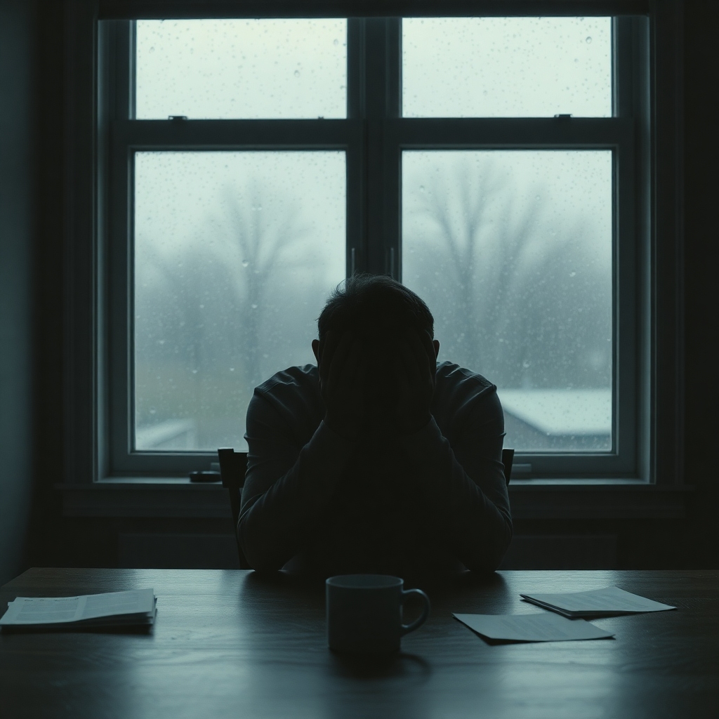 confession - A person sitting alone at a kitchen table, head in hands, silhouetted against a window showing a dreary, rainy d