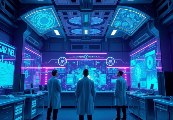 futuristic laboratory with holographic displays showing complex neural networks and data streams, scientists in lab coats observing an advanced AI interface, glowing blue and purple light, high-tech, intricate details, cinematic lighting, ultra realistic, highly detailed, 8k quality, photorealistic