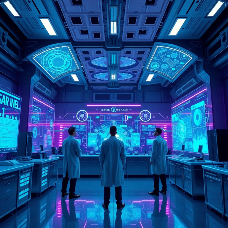 futuristic laboratory with holographic displays showing complex neural networks and data streams, scientists in lab coats observing an advanced AI interface, glowing blue and purple light, high-tech, intricate details, cinematic lighting, ultra realistic, highly detailed, 8k quality, photorealistic