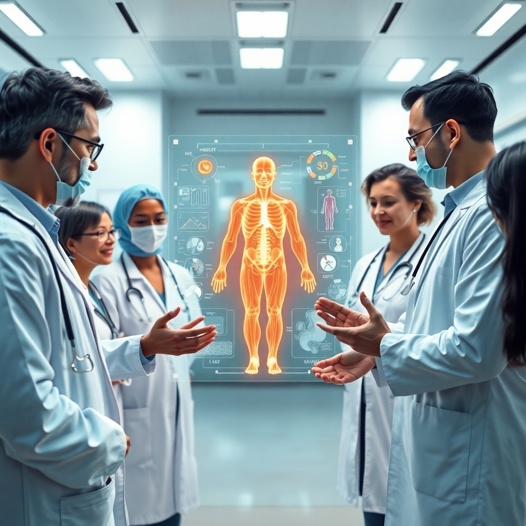 openai - diverse group of doctors and researchers collaborating around a holographic medical display, showing a detailed 3D h