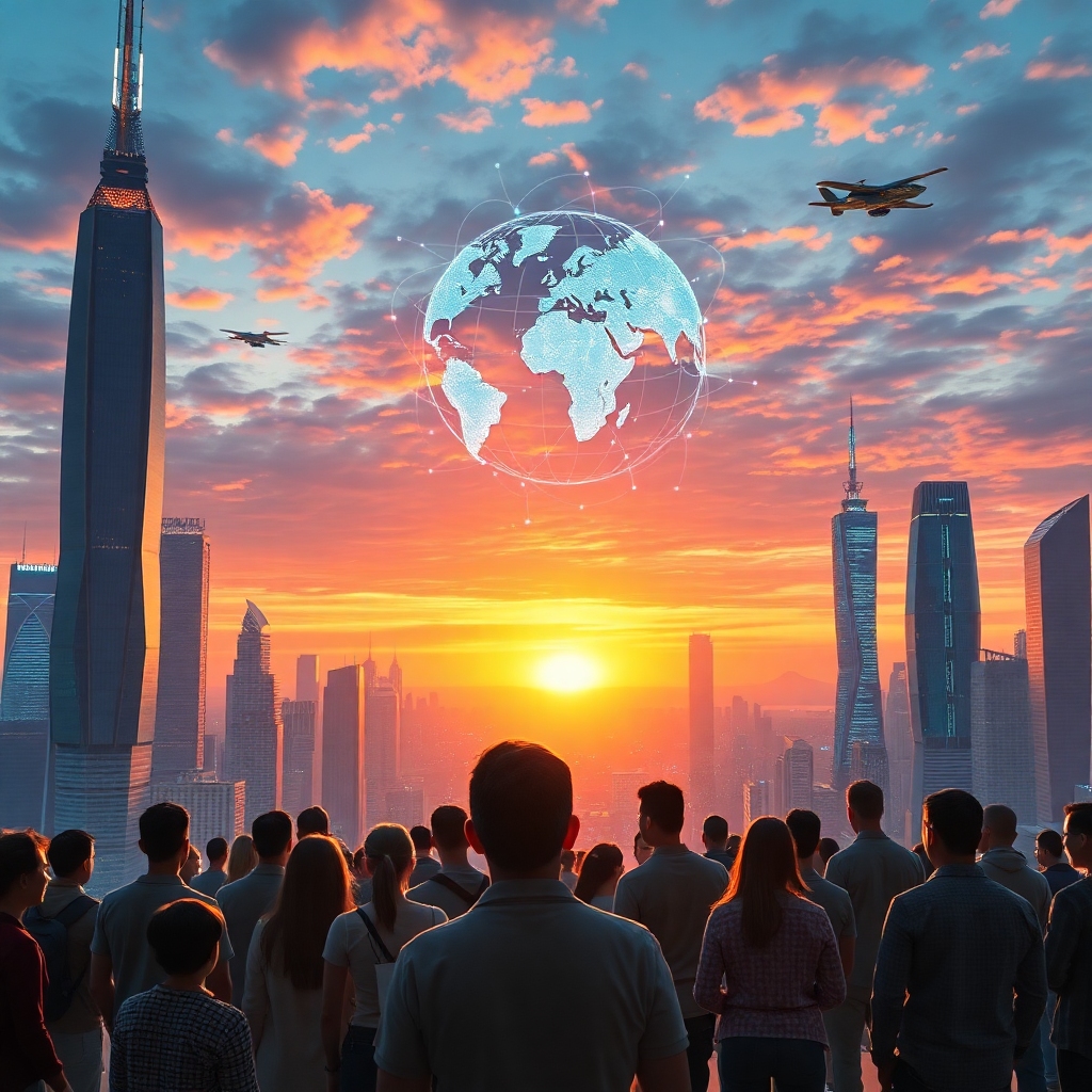 openai - futuristic cityscape at sunset, glowing skyscrapers and flying vehicles, a diverse group of people looking up at a h