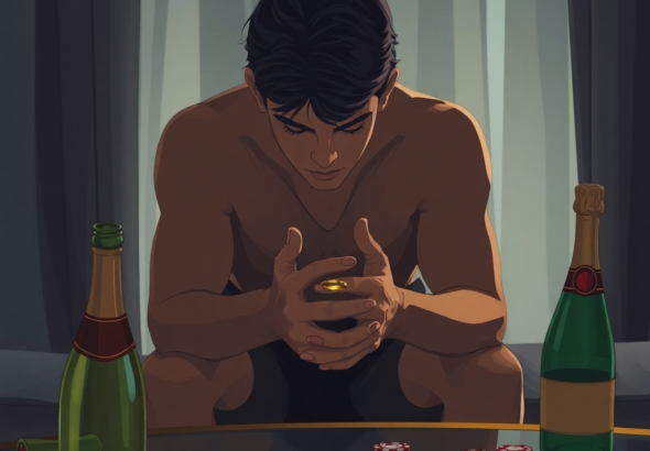 A person sits alone in a dimly lit hotel room, head in hands, a single, simple wedding band glinting on their finger. Empty champagne bottle and scattered casino chips are on a nearby table, capturing a moment of profound regret and dawning realization after a drunken Vegas night. The mood is somber and reflective, with soft, early morning light filtering through curtains, ultra realistic, highly detailed, 8k quality, photorealistic