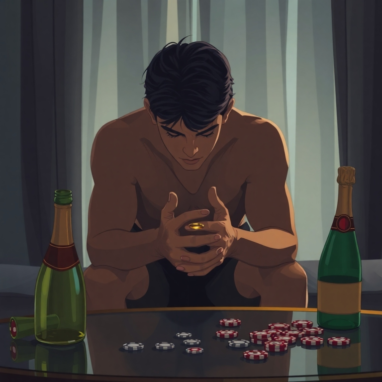 A person sits alone in a dimly lit hotel room, head in hands, a single, simple wedding band glinting on their finger. Empty champagne bottle and scattered casino chips are on a nearby table, capturing a moment of profound regret and dawning realization after a drunken Vegas night. The mood is somber and reflective, with soft, early morning light filtering through curtains, ultra realistic, highly detailed, 8k quality, photorealistic