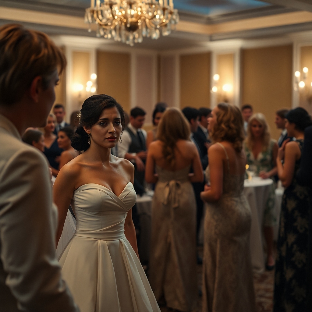 confession - A dramatic scene at a wedding reception. The bride, looking stunned and pale in her white gown, stares across th