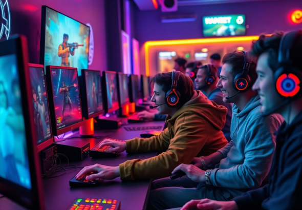 A diverse group of gamers enthusiastically playing different PC games on high-end setups in a modern, neon-lit gaming cafe. One screen shows a sci-fi shooter, another an indie puzzle game, and a third a strategy title. The atmosphere is vibrant and energetic, with glowing keyboards and headsets, showcasing the variety of gaming experiences available. Cinematic, high detail, vibrant colors, 8k quality, photorealistic